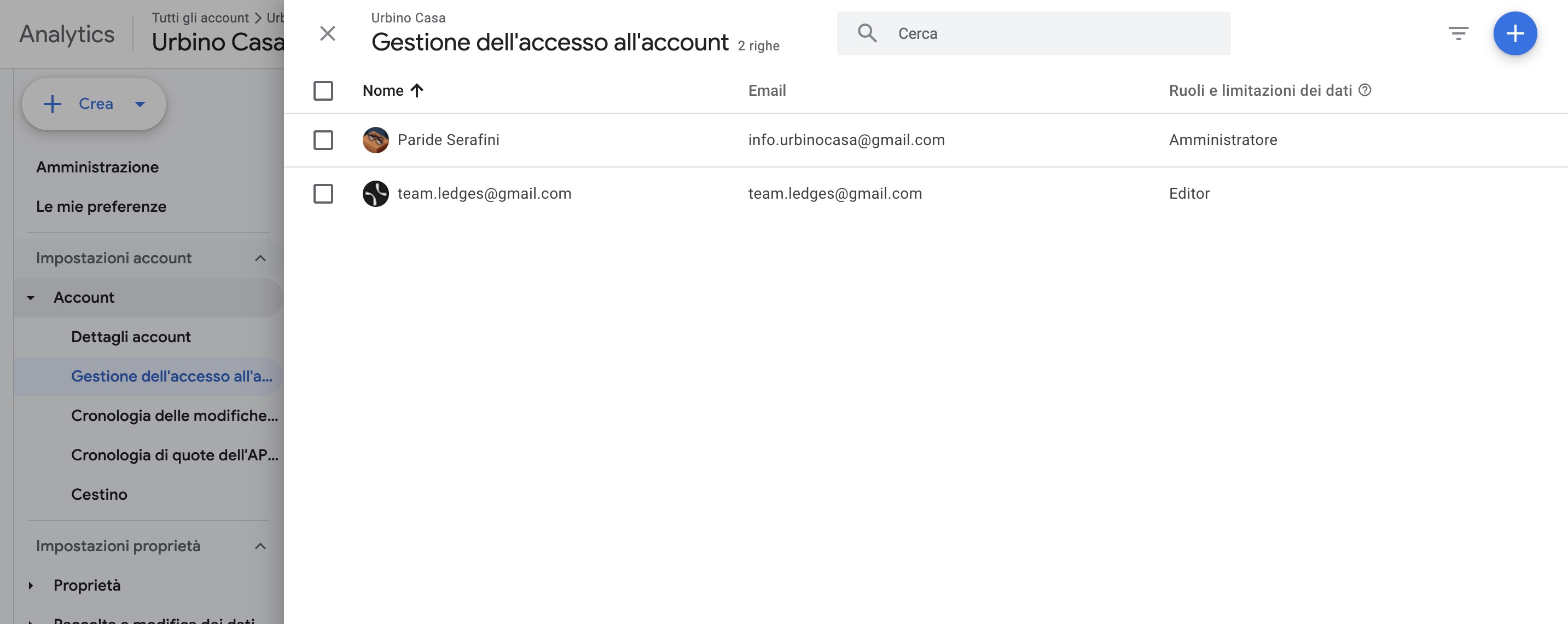 Account access management with team.ledges@gmail.com set as Editor