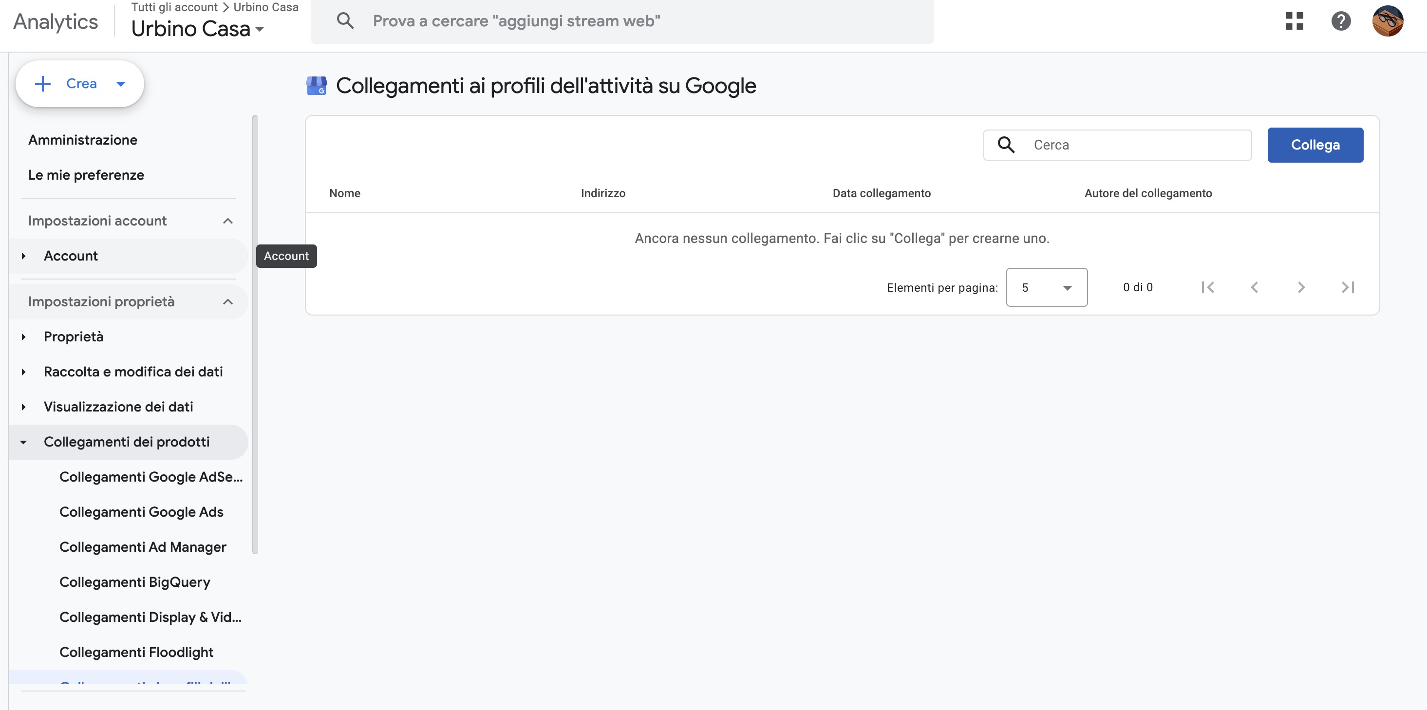 Business Profile links page — empty