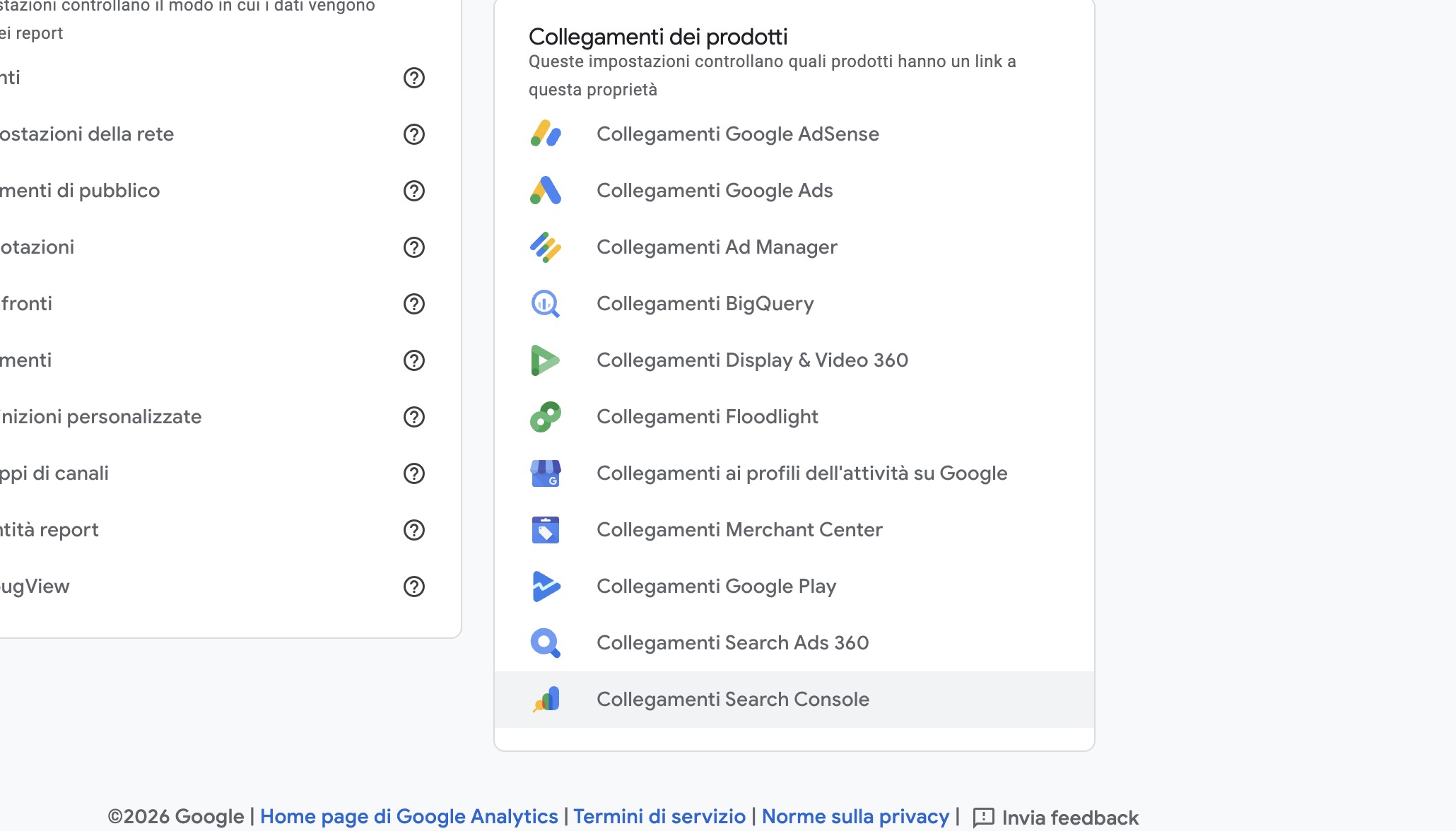 Product links list with Search Console links highlighted