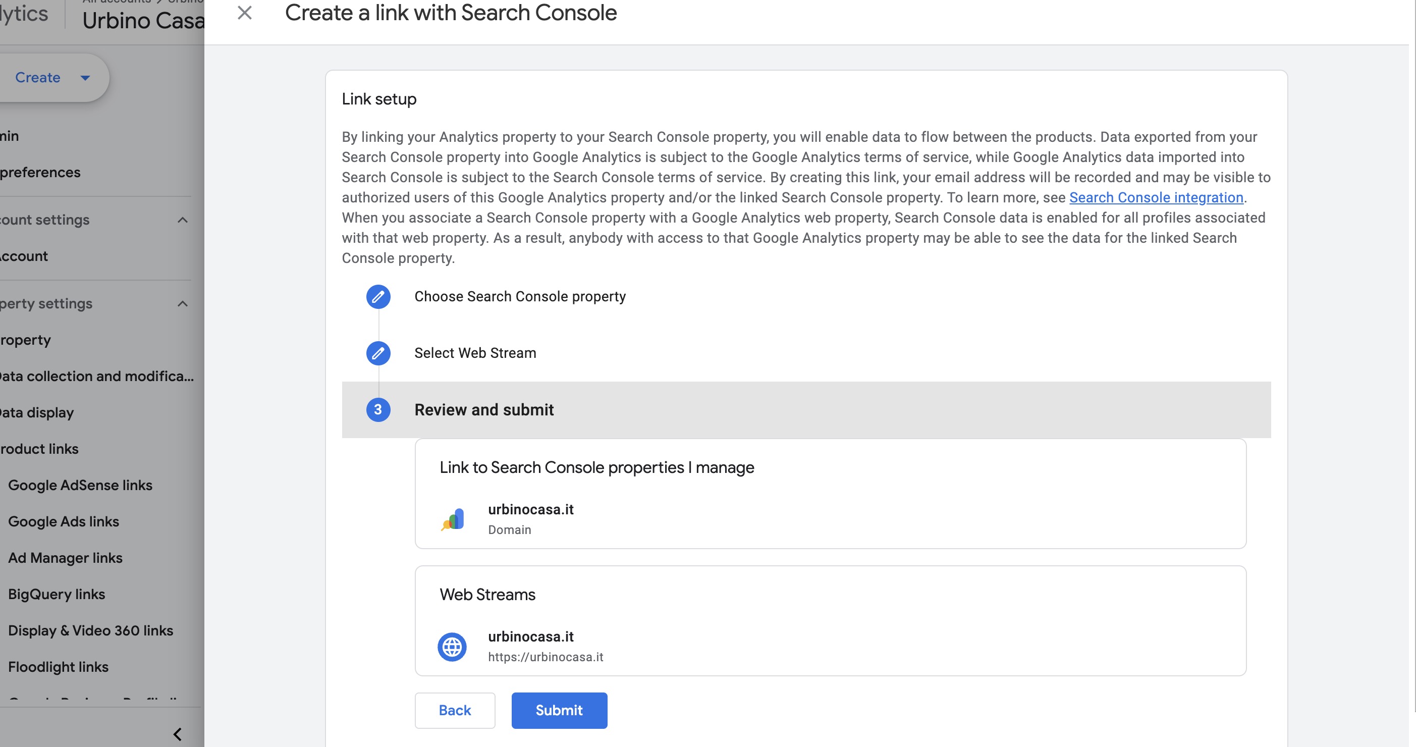 Review and submit the Search Console link