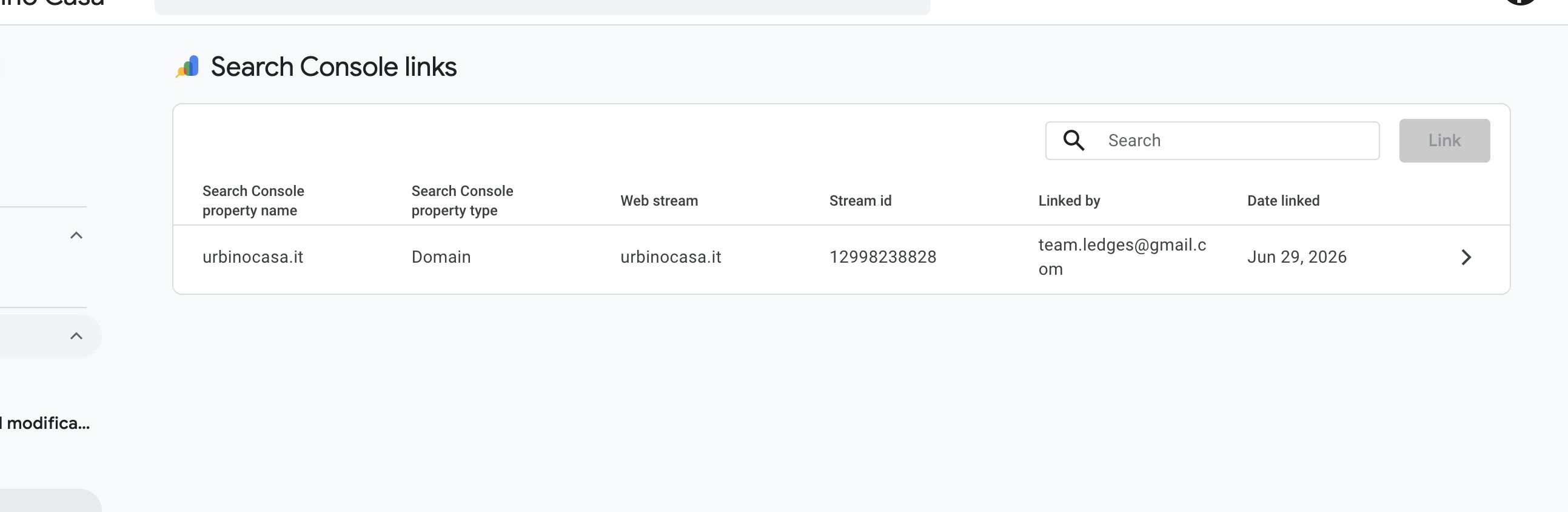 Search Console links list showing the created link