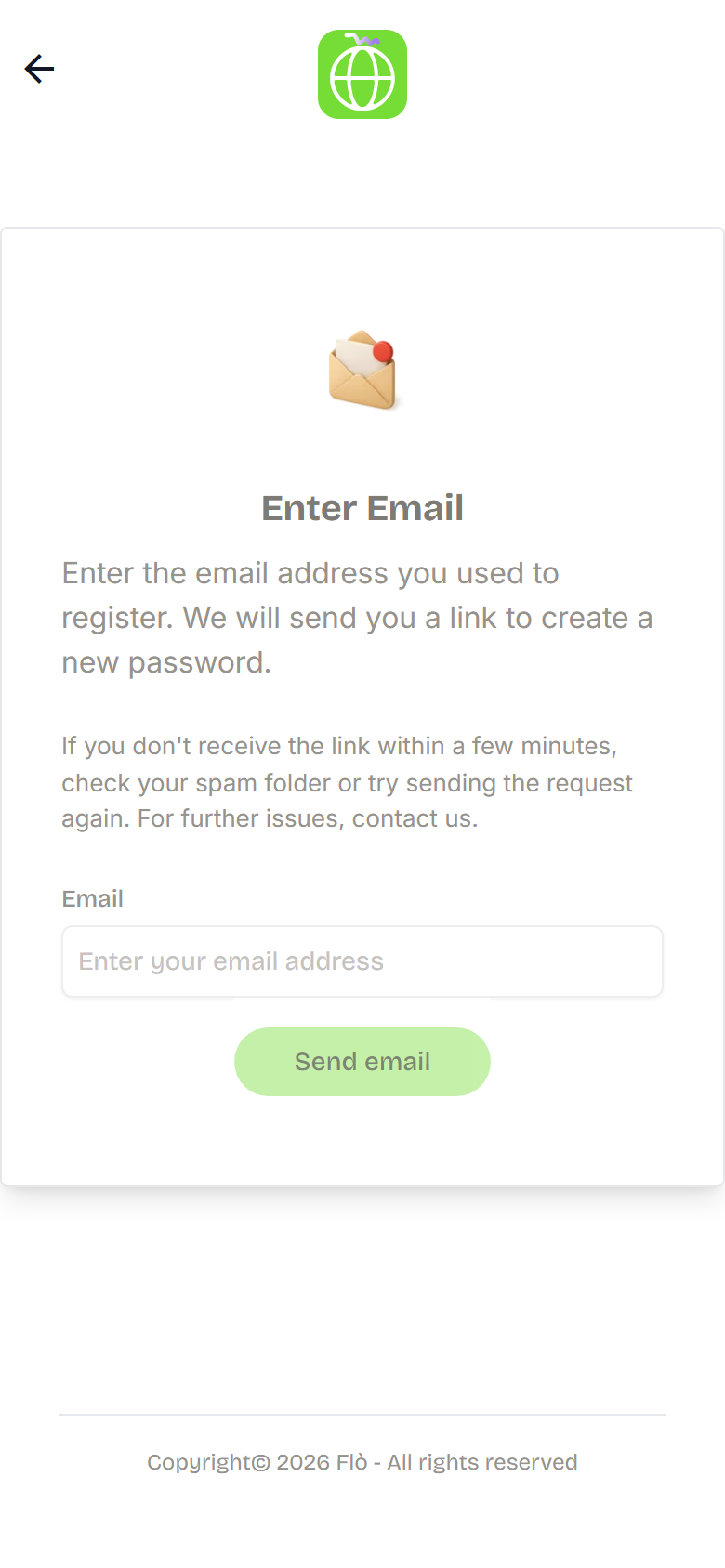 Enter email screen with one email field and the send email button.