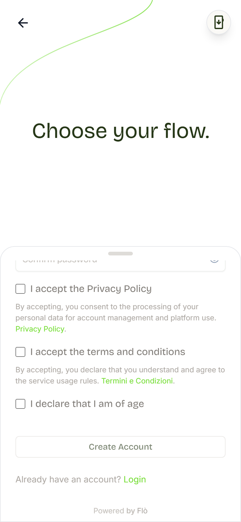 The end of the Sign up form with the Privacy Policy, terms and conditions and adult declaration boxes.