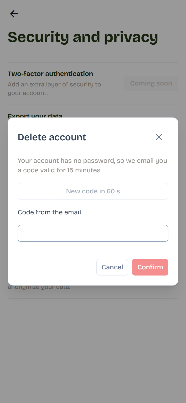 Delete account window with the Send code button and the Code from the email field.