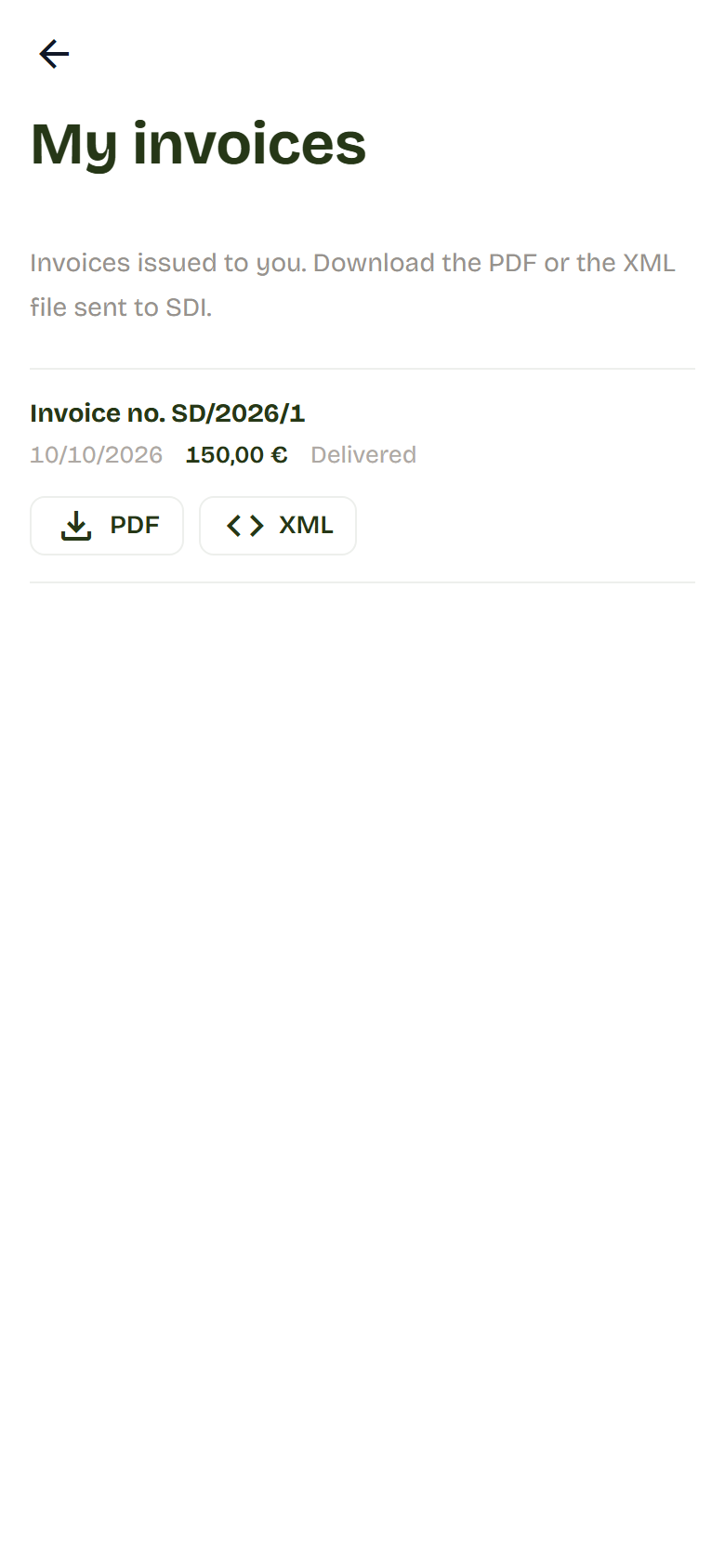 The My invoices page with one invoice, its date, amount and the PDF and XML buttons.