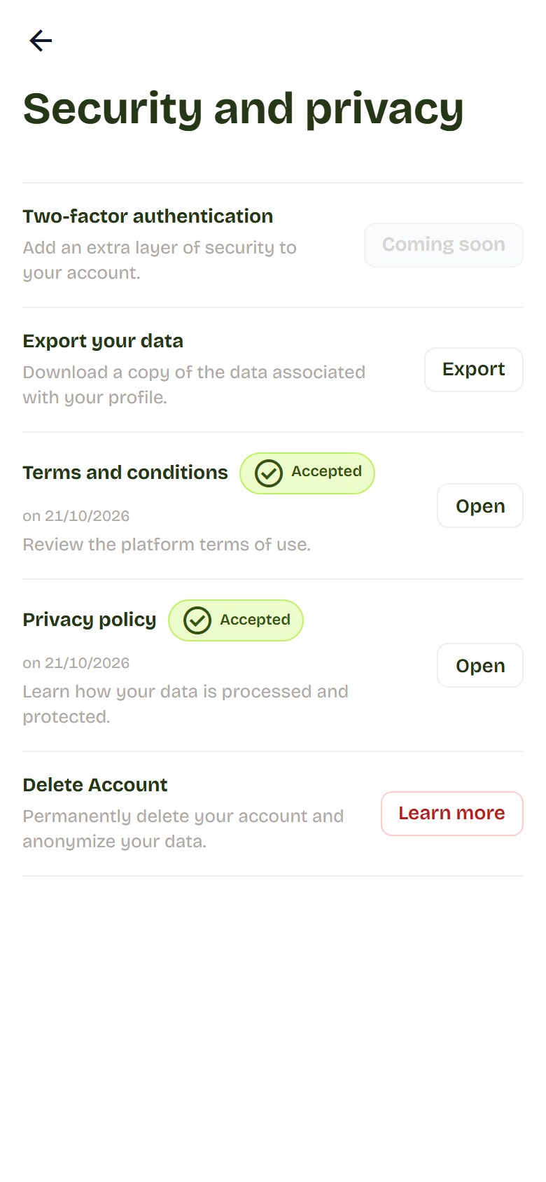 Security and privacy page with rows for two-factor, export data, terms, privacy and delete account.