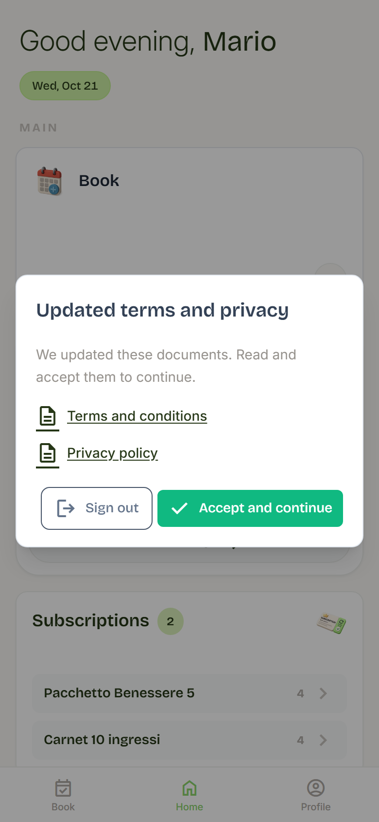 Updated terms and privacy window with links to both documents and the Sign out and Accept and continue buttons.