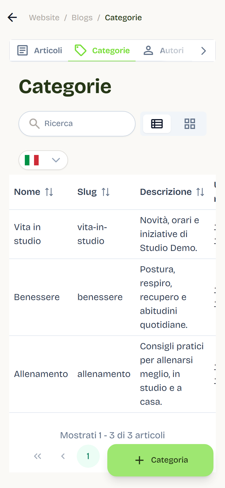 The Categories tab with three categories and the Gestisci and Elimina buttons.