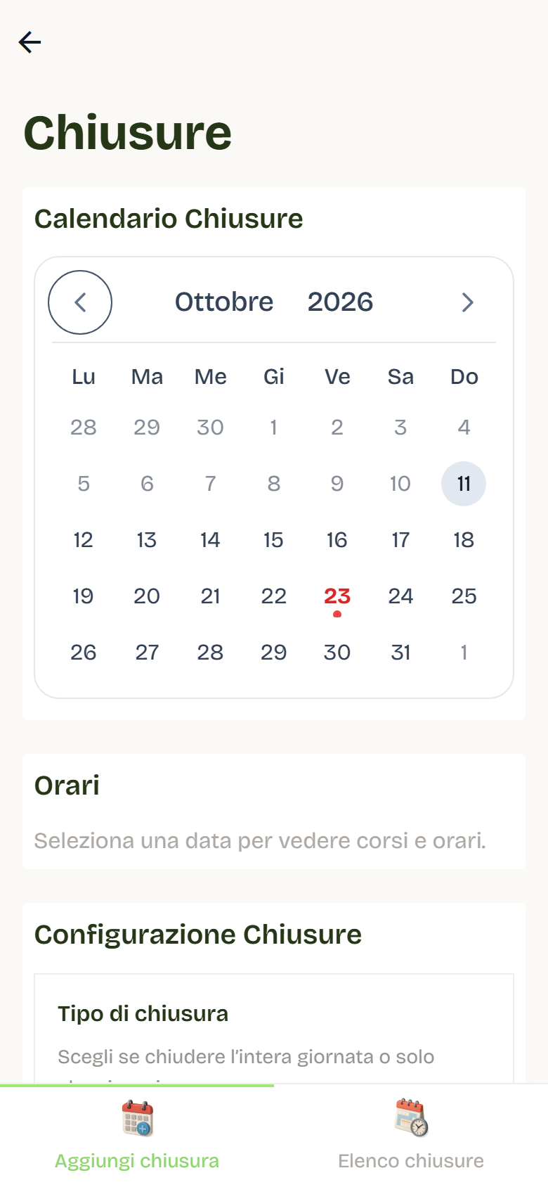 The Closures page with the October 2026 calendar and the Closure configuration section.