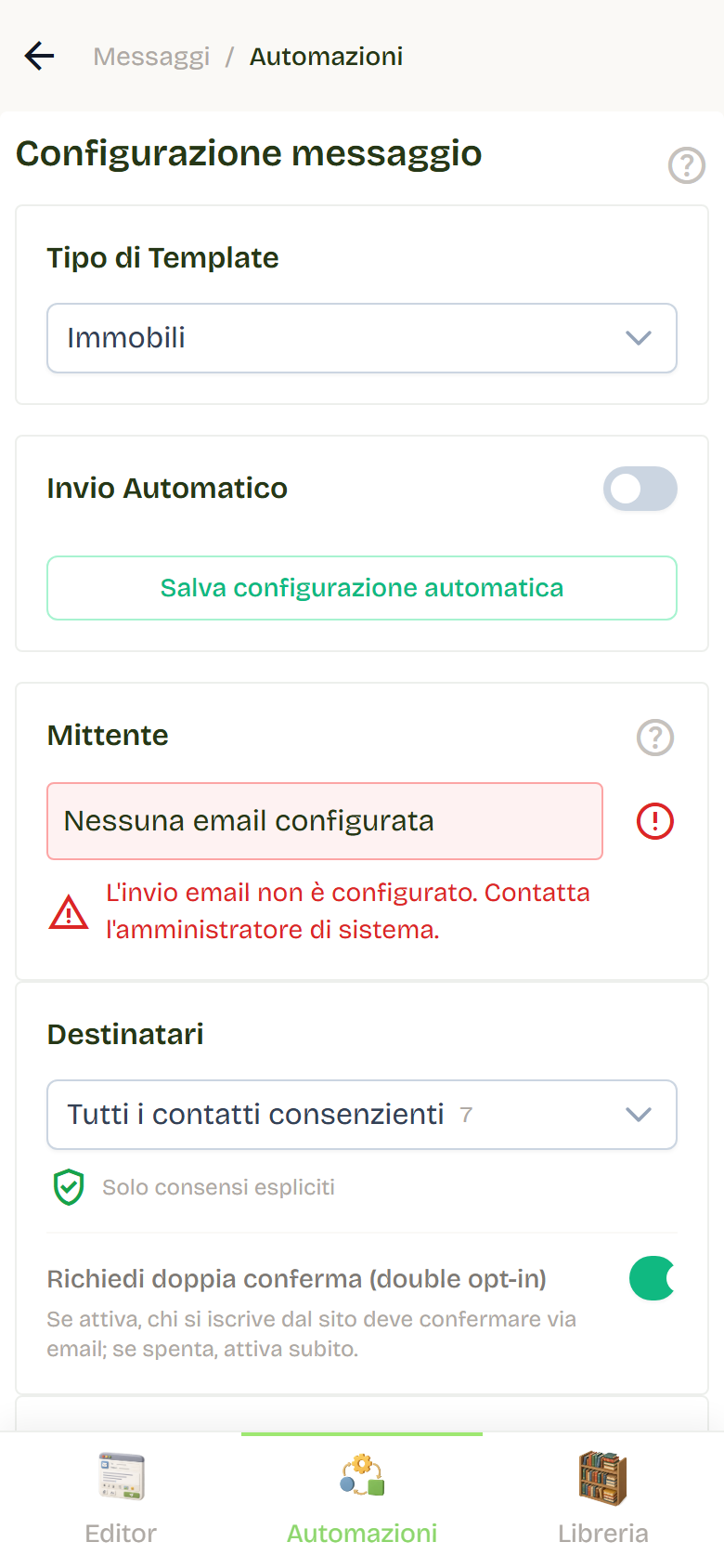 The Automations tab with the Properties template type, automatic sending off, and no sender configured yet.