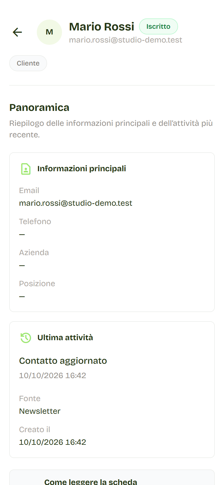 Mario Rossi’s card open on the Overview, with email, latest activity, and Subscribed status.