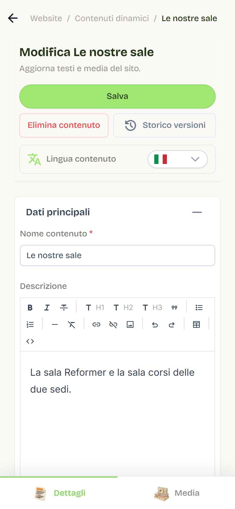 The Modifica Le nostre sale page open on Dettagli, with the content name, description, and language selector.