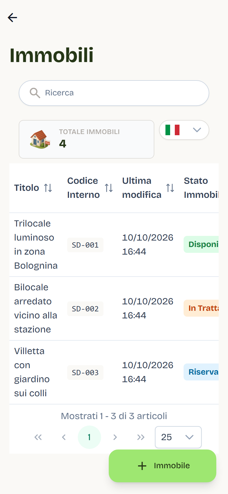 The Properties list with three listings, their status, portal visibility and the Manage and Delete buttons.