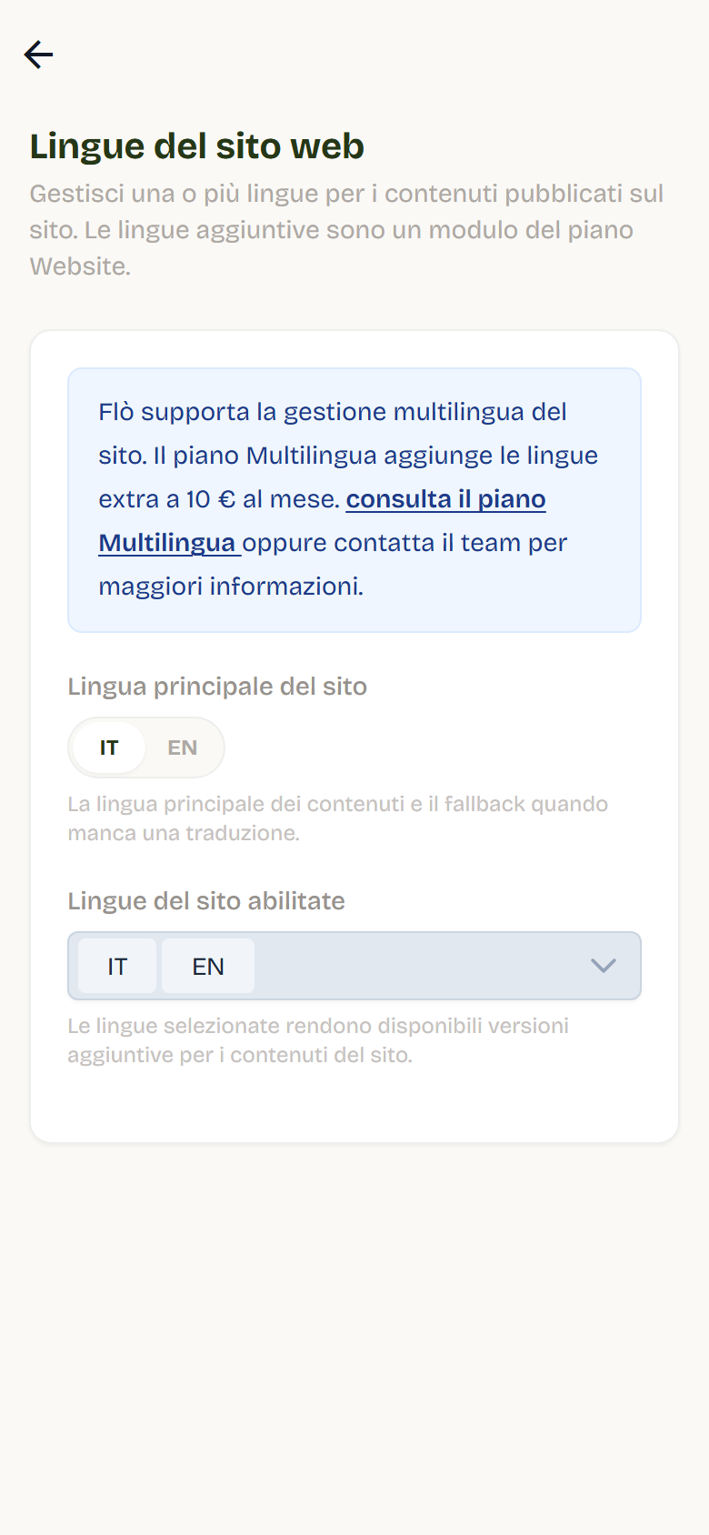 The Lingue del sito web page with IT as main language and IT and EN as enabled languages.