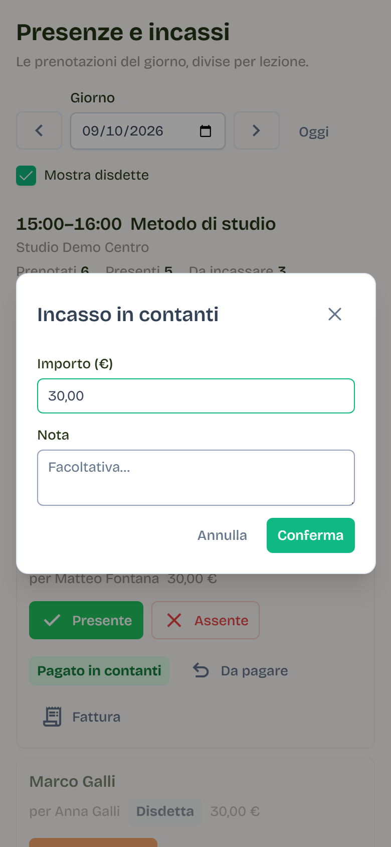 The Cash payment window with the Amount and Note fields and the Confirm button.