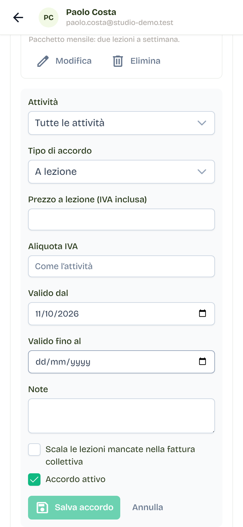 The New agreement form with activity, agreement type, amount, VAT, validity dates and the option to deduct missed lessons.