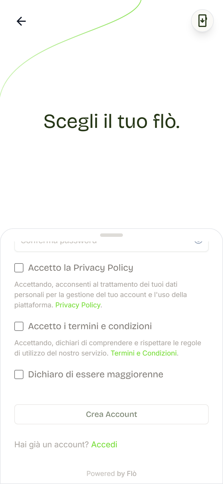 La parte finale del modulo Registrati con le caselle Privacy Policy, termini e condizioni e Dichiaro di essere maggiorenne.