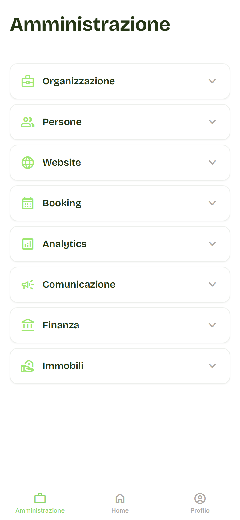 Pagina Amministrazione con i moduli divisi in gruppi come Organizzazione, Persone e Booking.