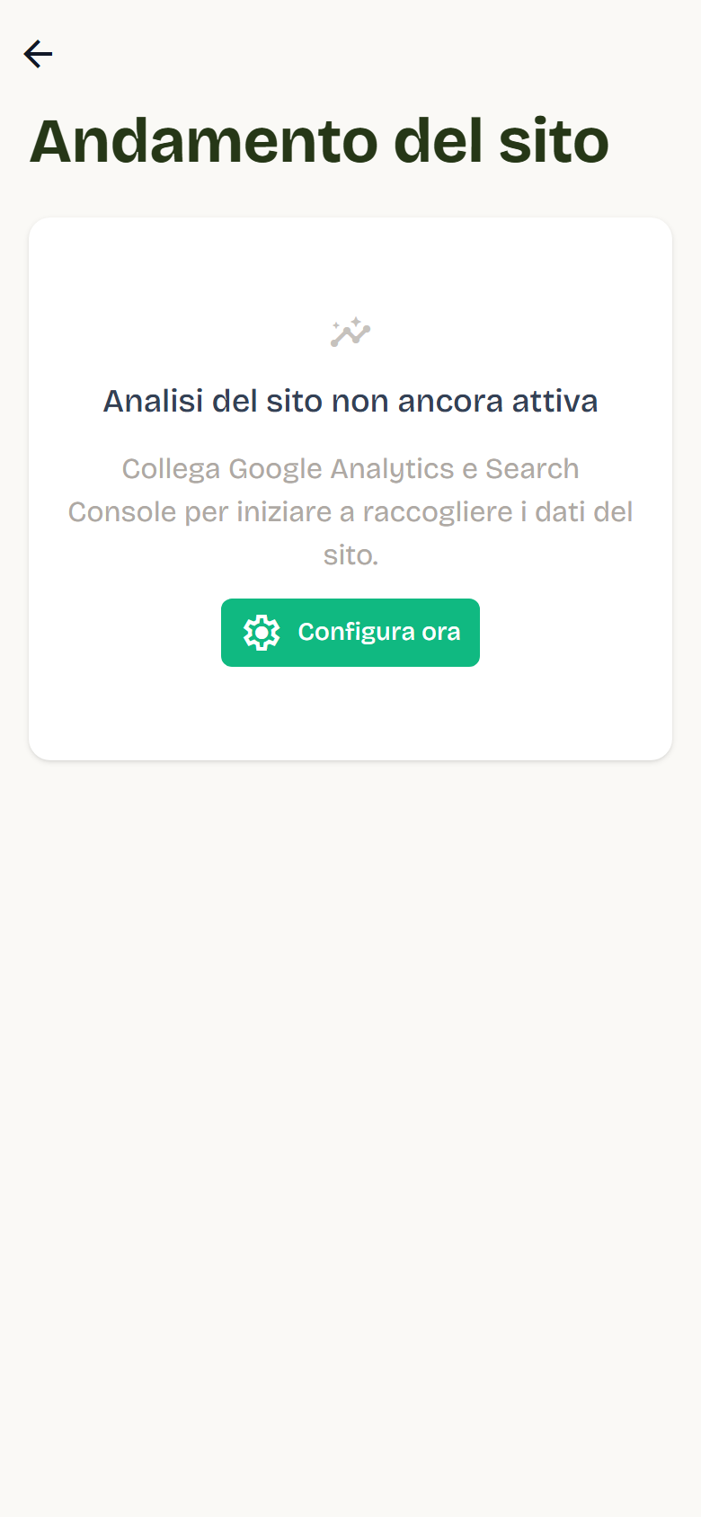 La pagina Andamento del sito con il messaggio Analisi del sito non ancora attiva e il pulsante Configura ora.