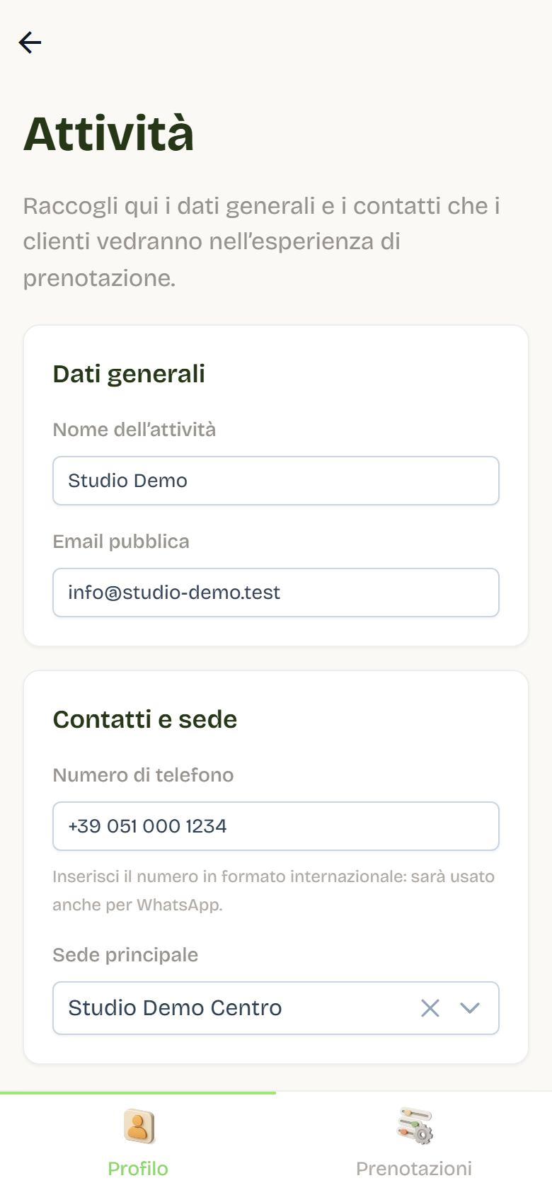 La scheda Profilo di Attività con nome Studio Demo, email pubblica, telefono e sede principale.