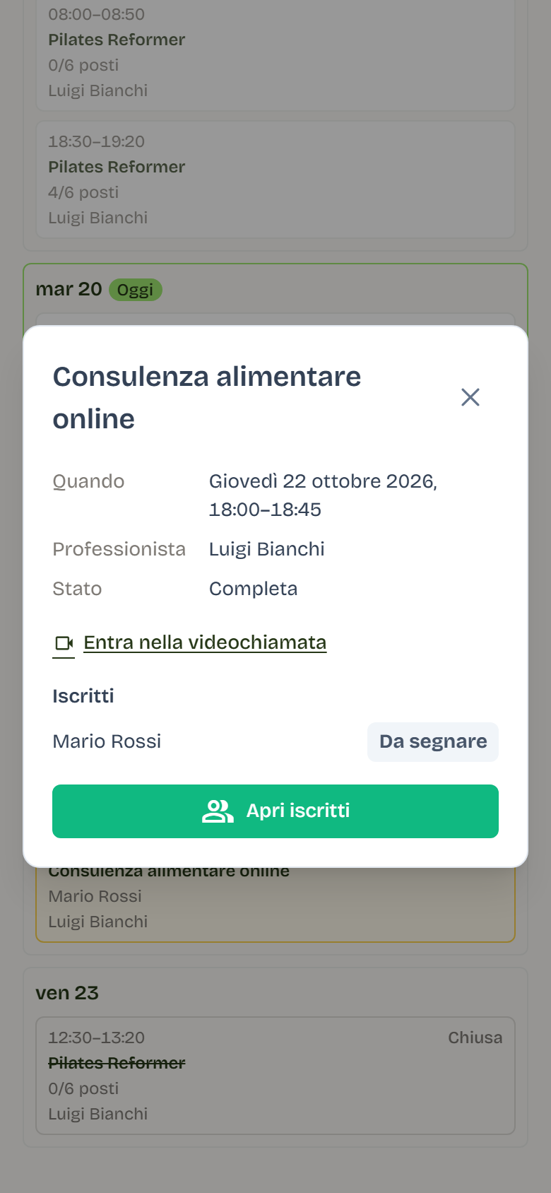 Il dettaglio della Consulenza alimentare online di giovedì 22 ottobre 2026 con il link alla videochiamata e l’iscritto Mario Rossi.