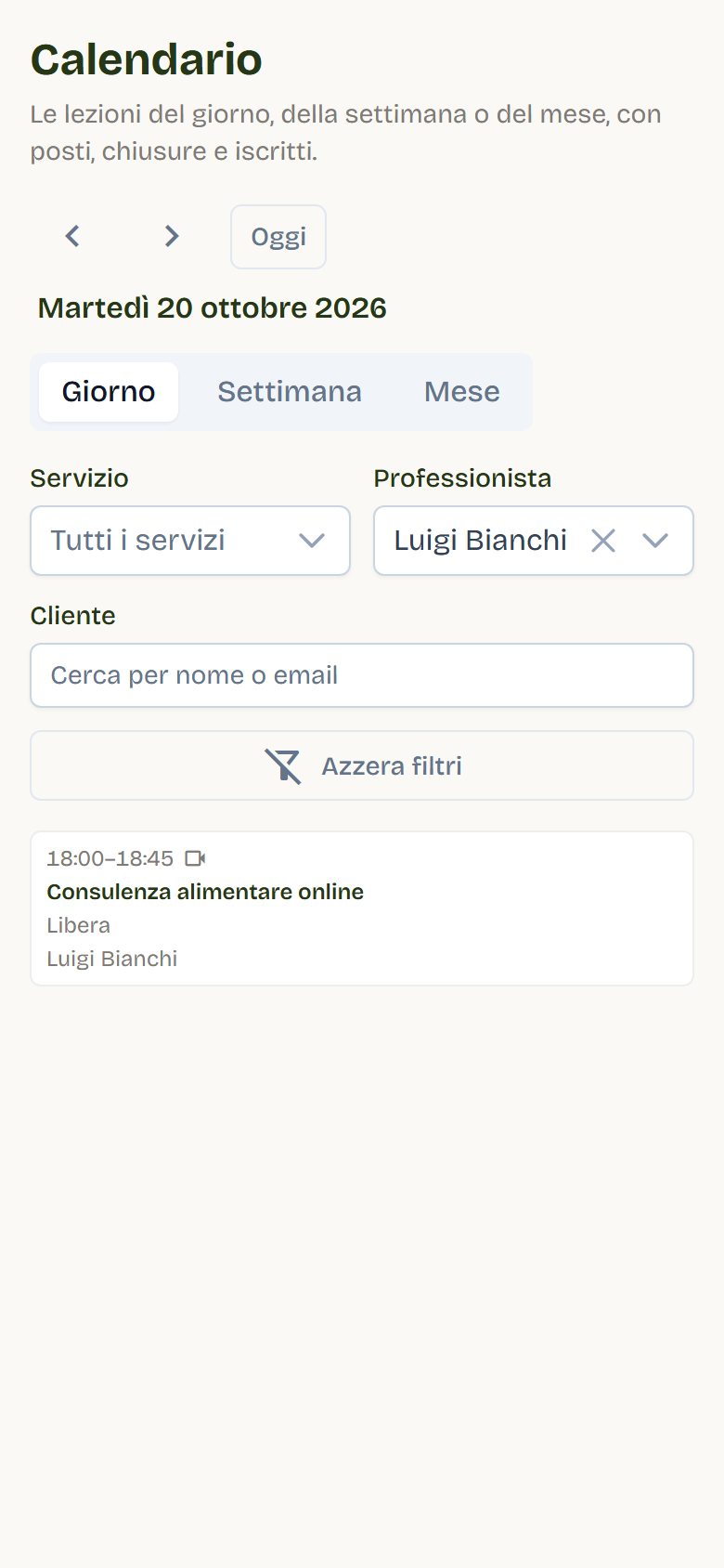 Il Calendario nella vista Giorno di martedì 20 ottobre 2026 con la consulenza online delle 18:00.