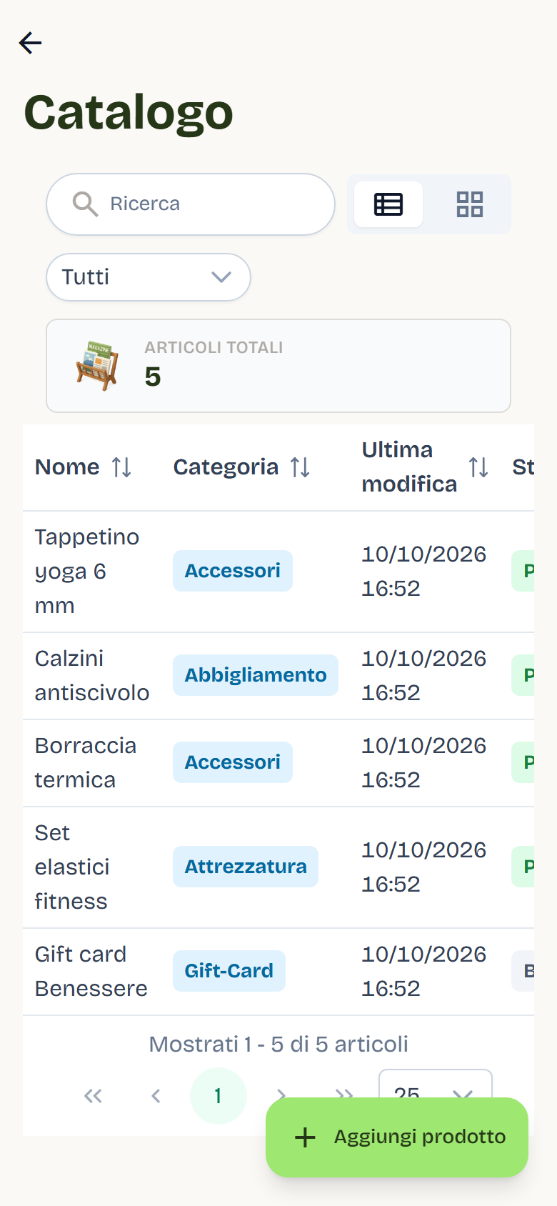 L’elenco Catalogo con cinque prodotti, la categoria, lo stato Pubblicato o Bozza e i pulsanti Gestisci ed Elimina.