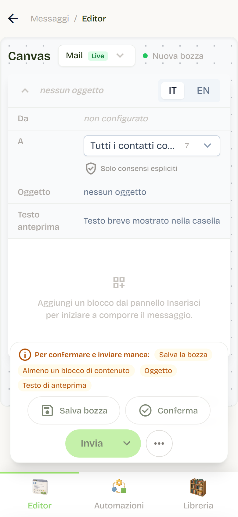 L’editor dei messaggi con i campi Da, A, Oggetto e Testo anteprima e la lista di ciò che manca per inviare.