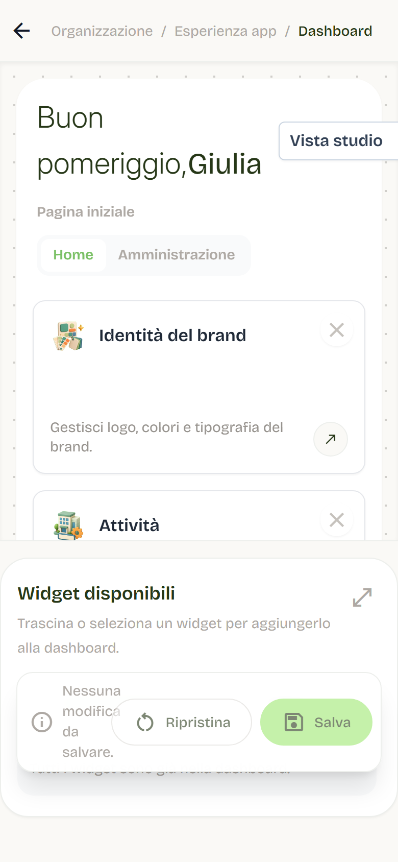 Configuratore Dashboard con la Vista studio, la Pagina iniziale, le schede dei moduli e il pannello Widget disponibili.