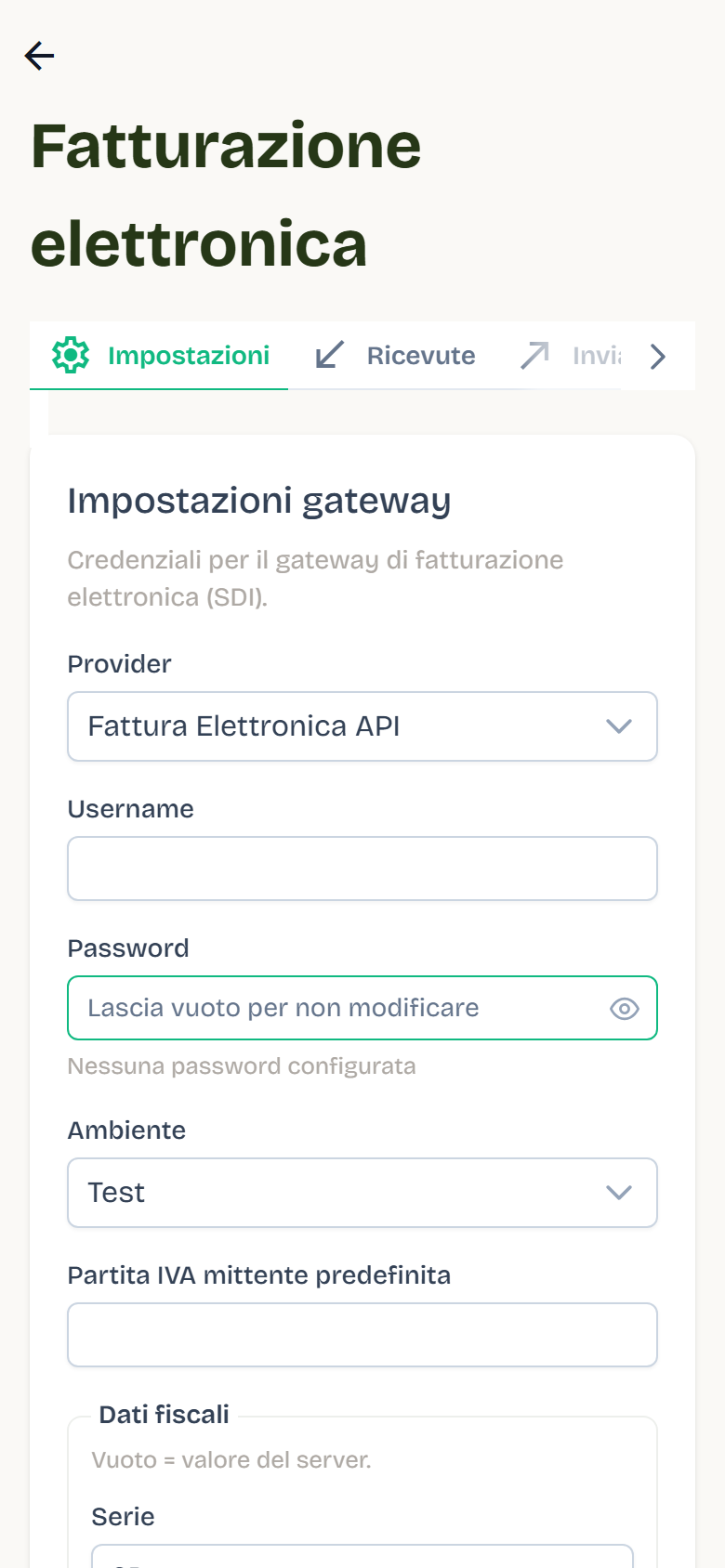 La scheda Impostazioni di Fatturazione elettronica con provider, username, password, ambiente e dati fiscali.