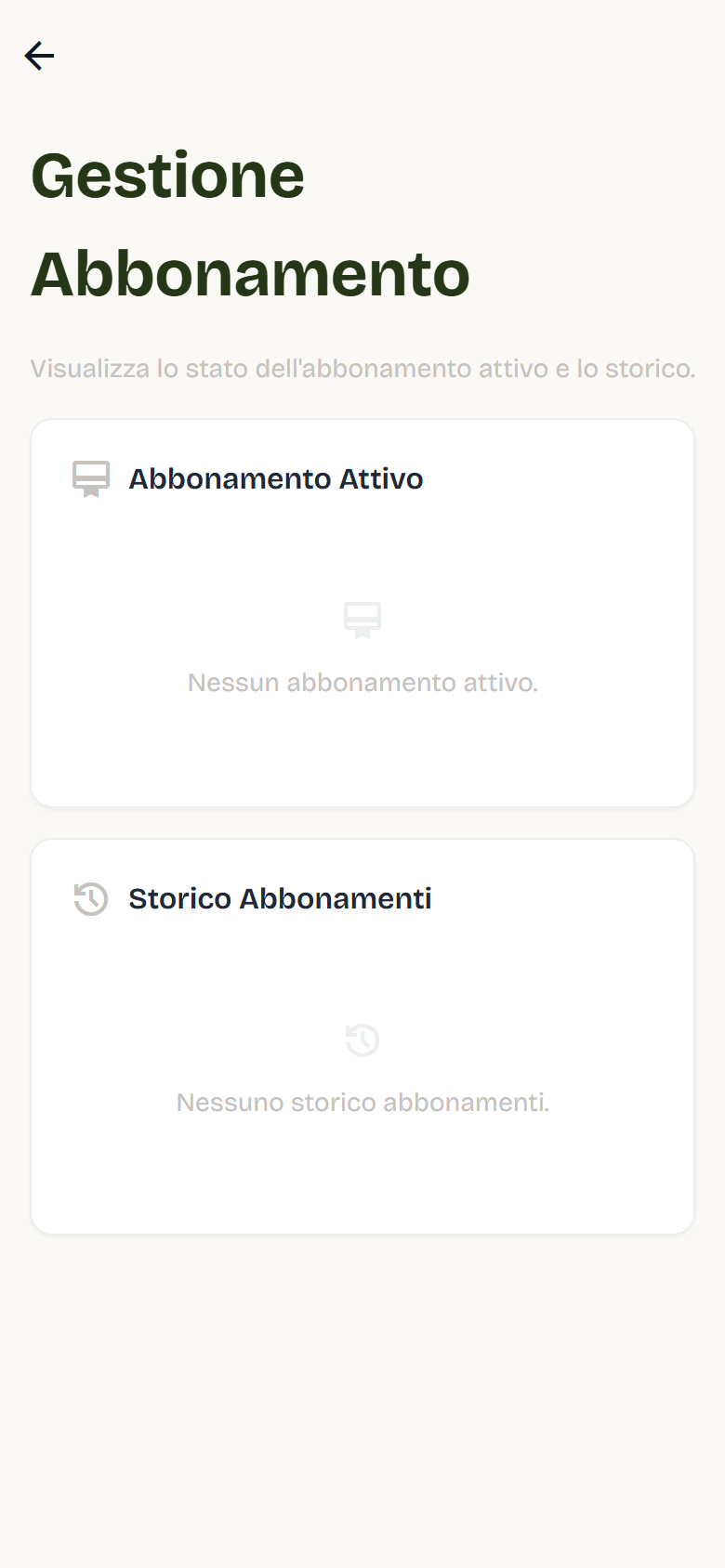 Pagina Gestione Abbonamento senza abbonamento attivo e con lo storico vuoto.