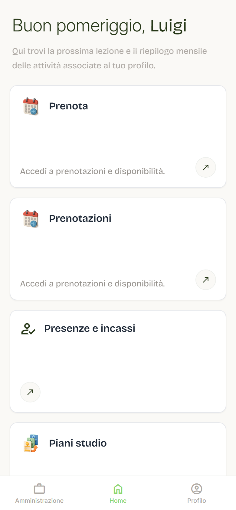 Home di Luigi con la prossima lezione di Pilates Reformer, i posti prenotati e il pulsante Visualizza iscritti.