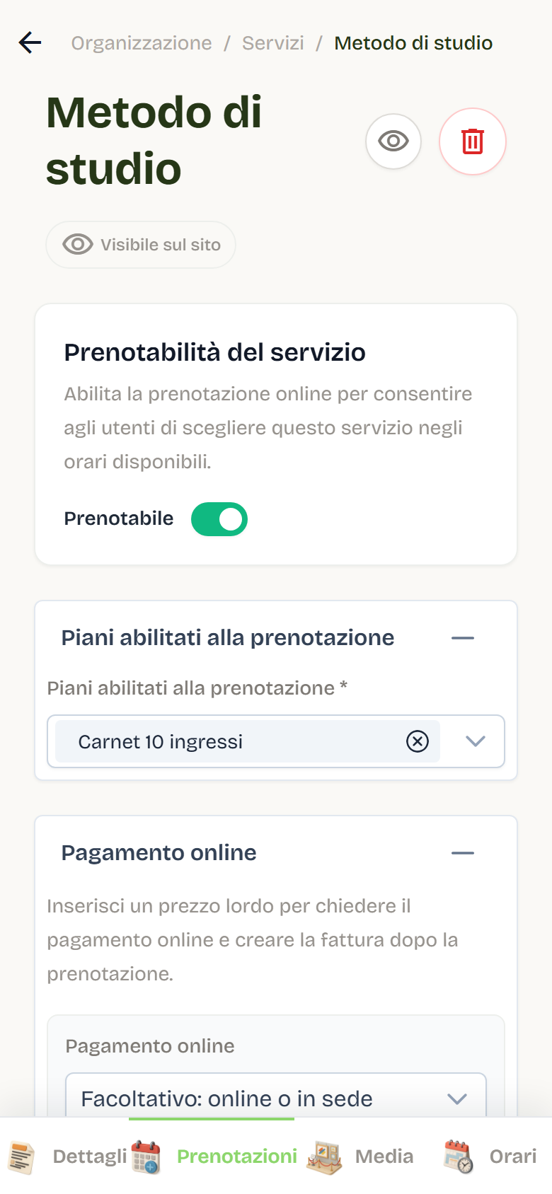 Il pannello Pagamento online di un servizio con il menu delle tre modalità e i campi prezzo e IVA.