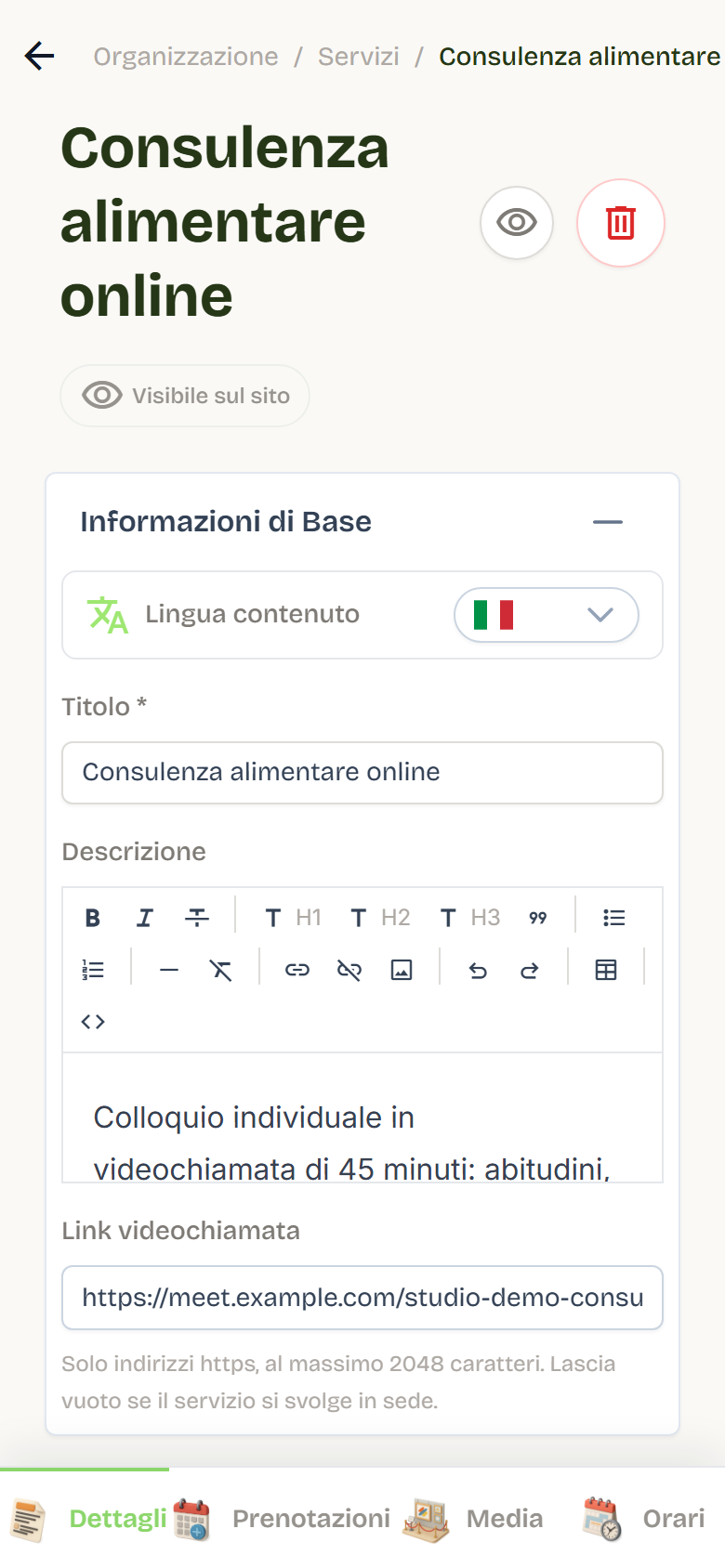 La scheda Dettagli di un servizio con il campo Link videochiamata compilato con un indirizzo https.