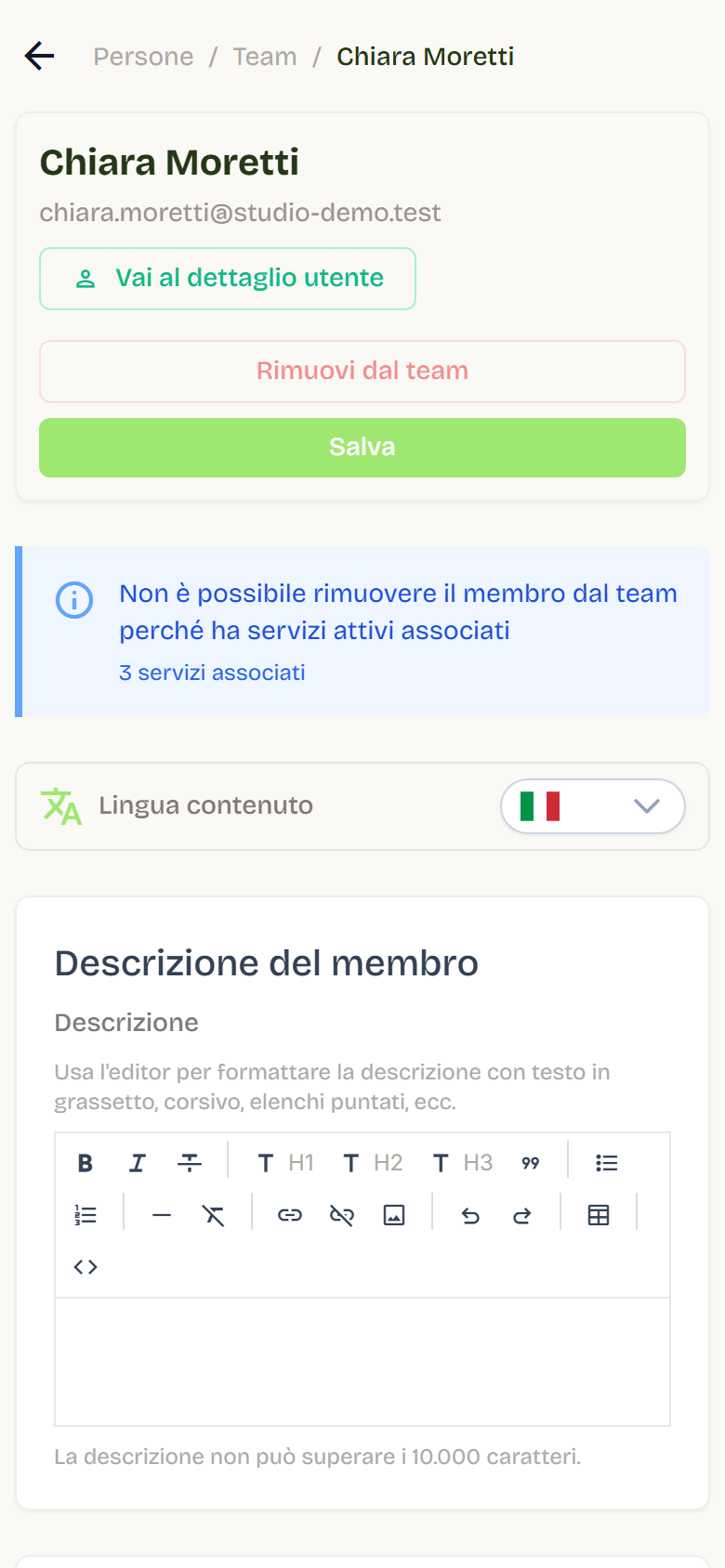 La scheda di Chiara Moretti con i pulsanti Vai al dettaglio utente, Rimuovi dal team e Salva, e l’editor della descrizione.