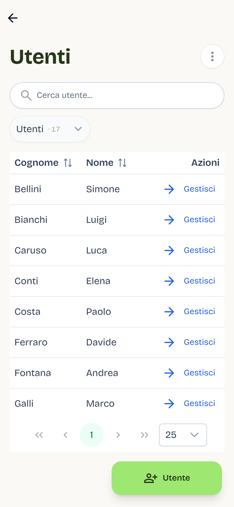 L’elenco Utenti con la ricerca, il filtro Utenti e il pulsante Gestisci su ogni riga.