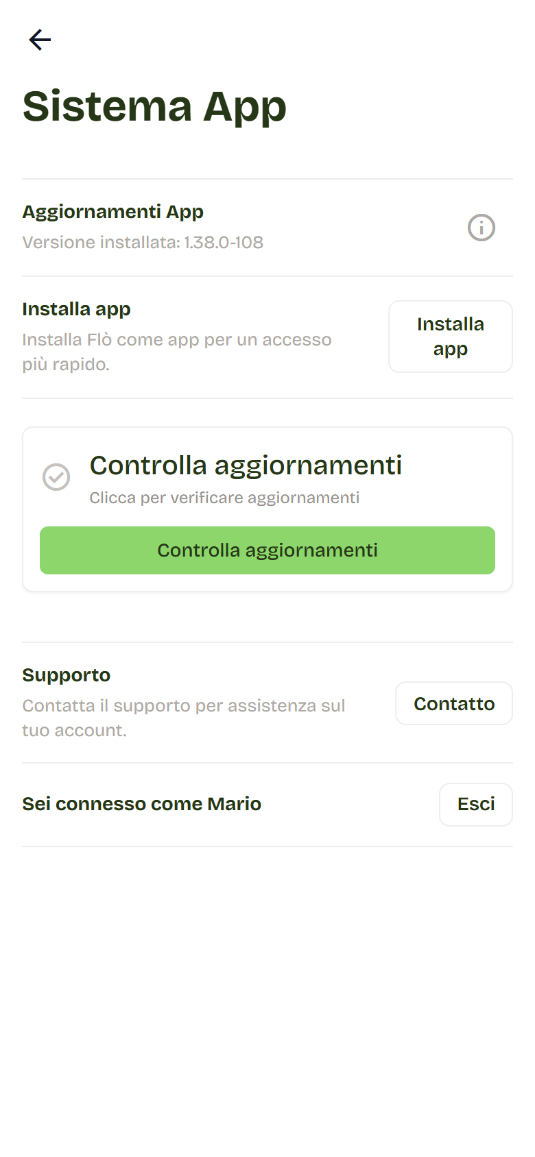 Pagina Sistema App con versione installata, Installa app, Controlla aggiornamenti, Supporto ed Esci.