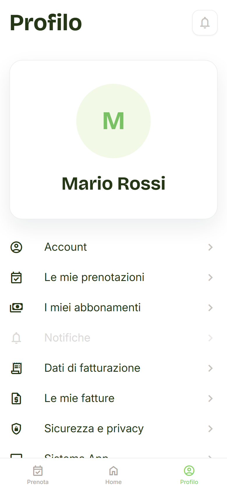 Pagina Profilo di Mario Rossi con l’elenco delle sezioni e la voce Esci in fondo.
